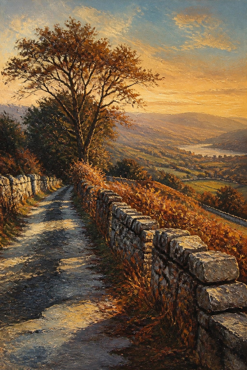 Stone wall along winding path with autumn tree overlooking golden valley at sunset.