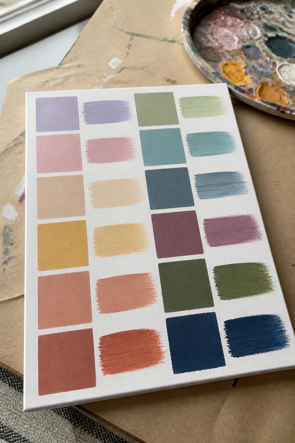 Canvas with rows of colorful paint swatches beside a used artist's palette