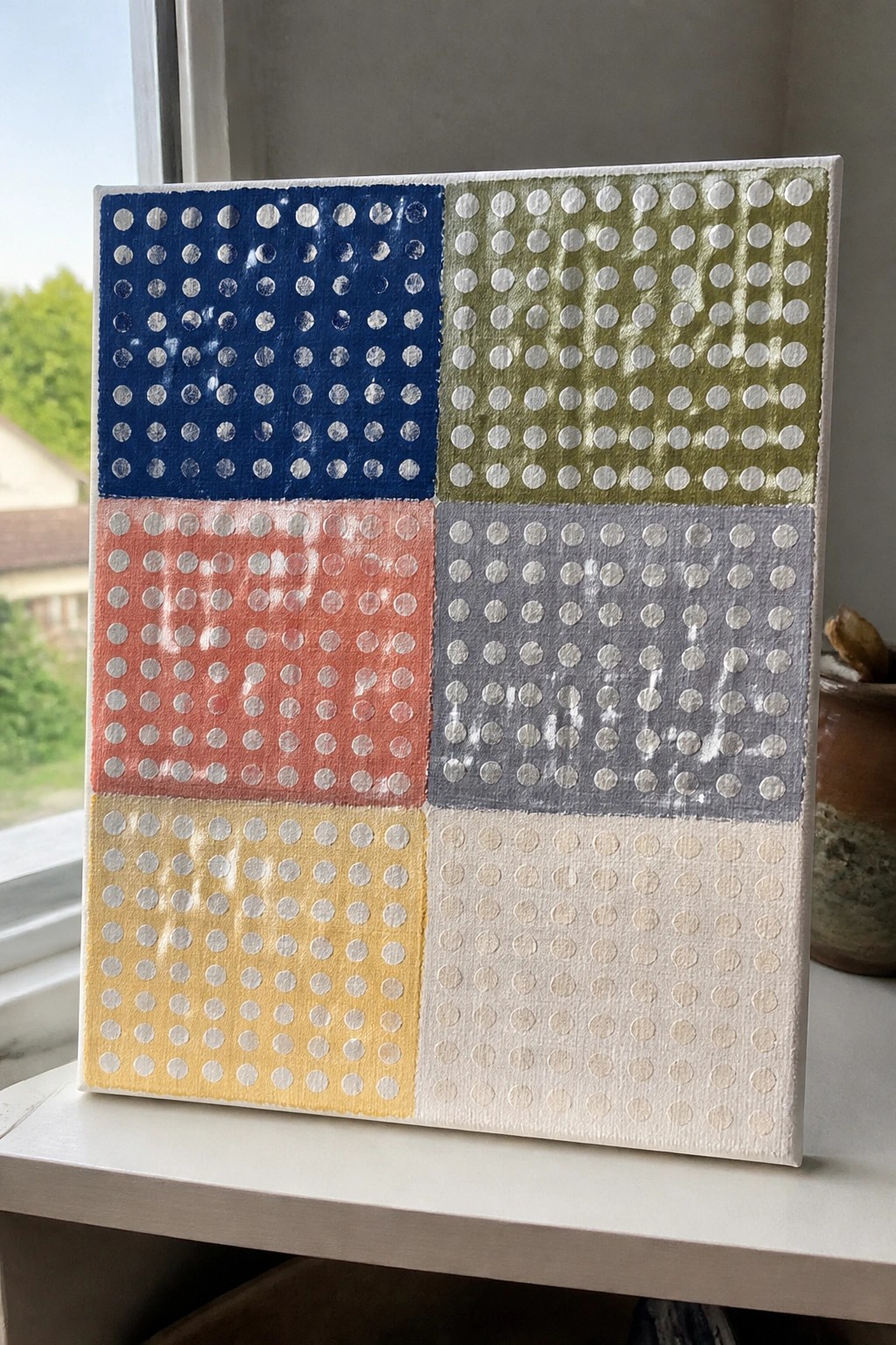 Colorful six-panel grid painting with white dotted patterns on each colored square
