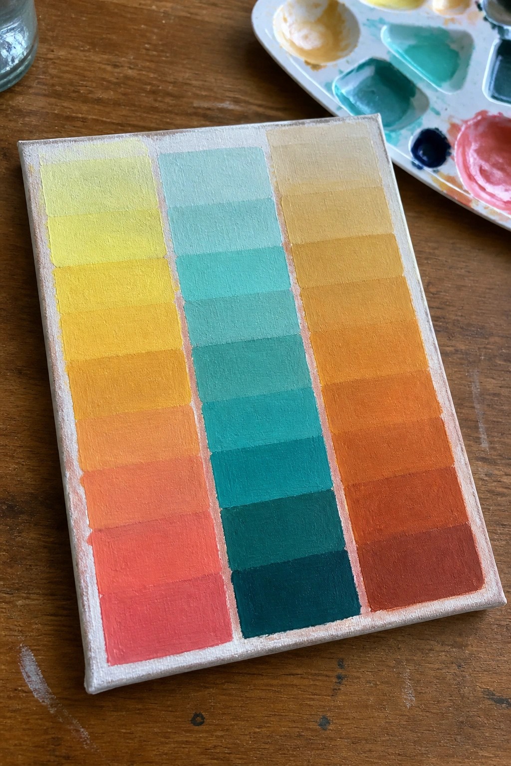 Canvas with three vertical color gradients beside paint palette on wooden table.