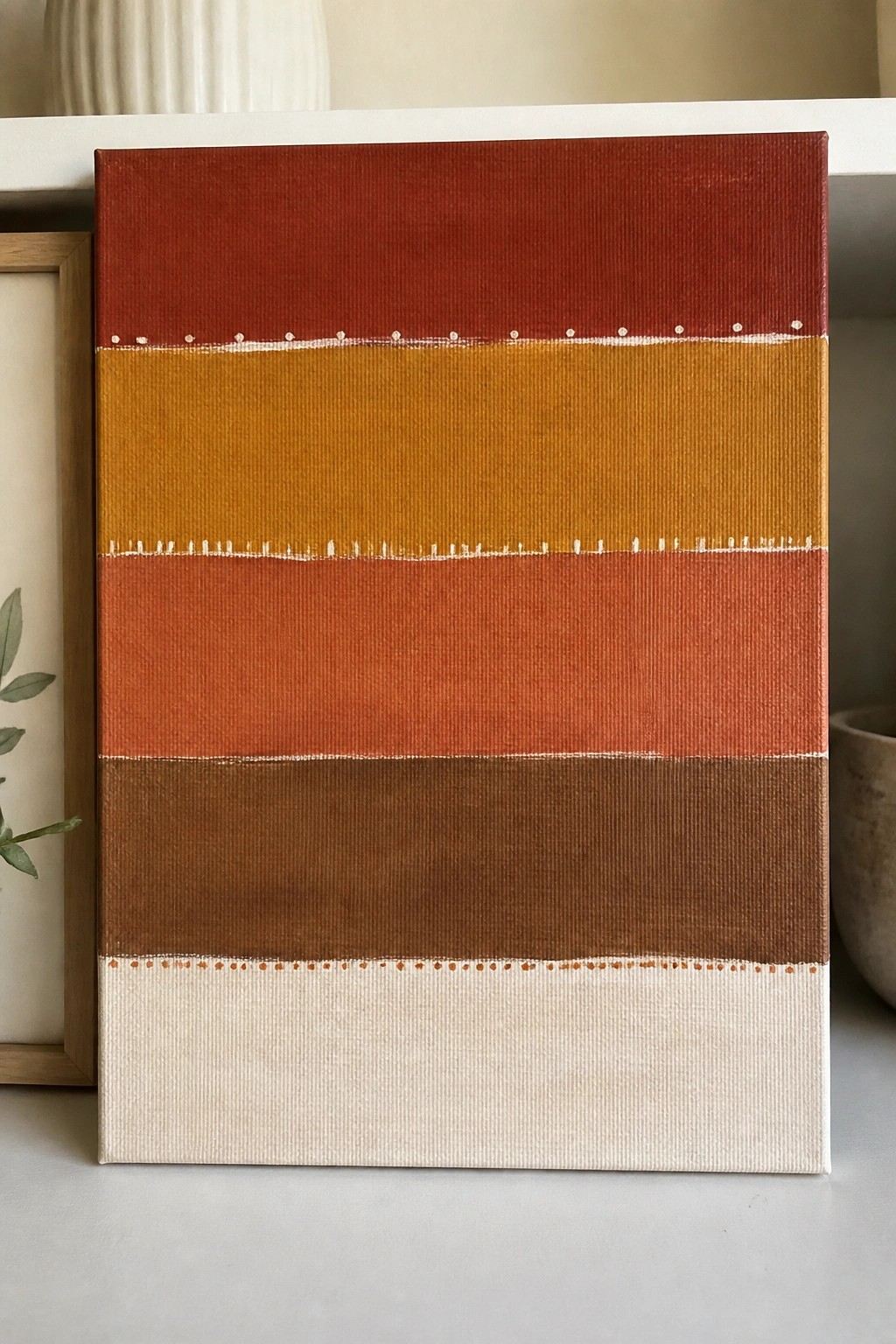 Abstract painting with horizontal bands in red, orange, brown, and cream tones