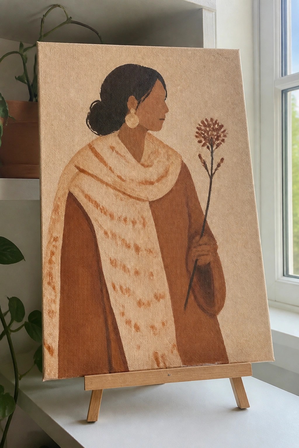 Profile of woman in brown tunic and patterned beige shawl holding flower on easel
