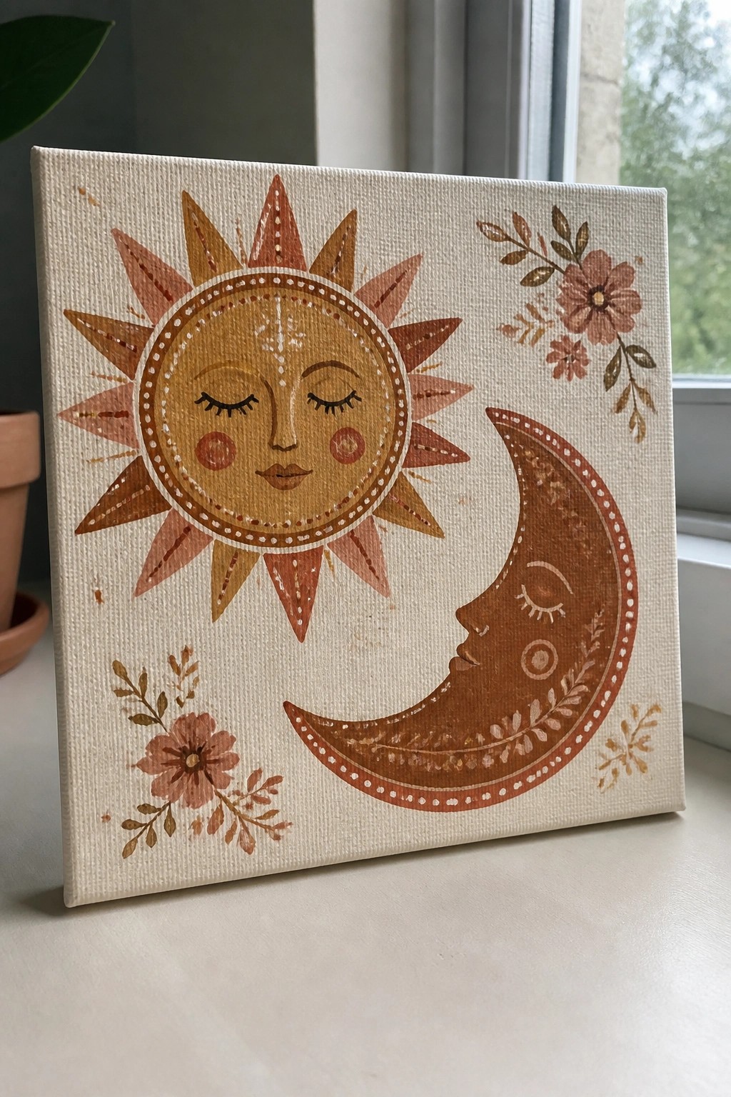 Canvas painting of sun and crescent moon with faces amid flowers in warm tones
