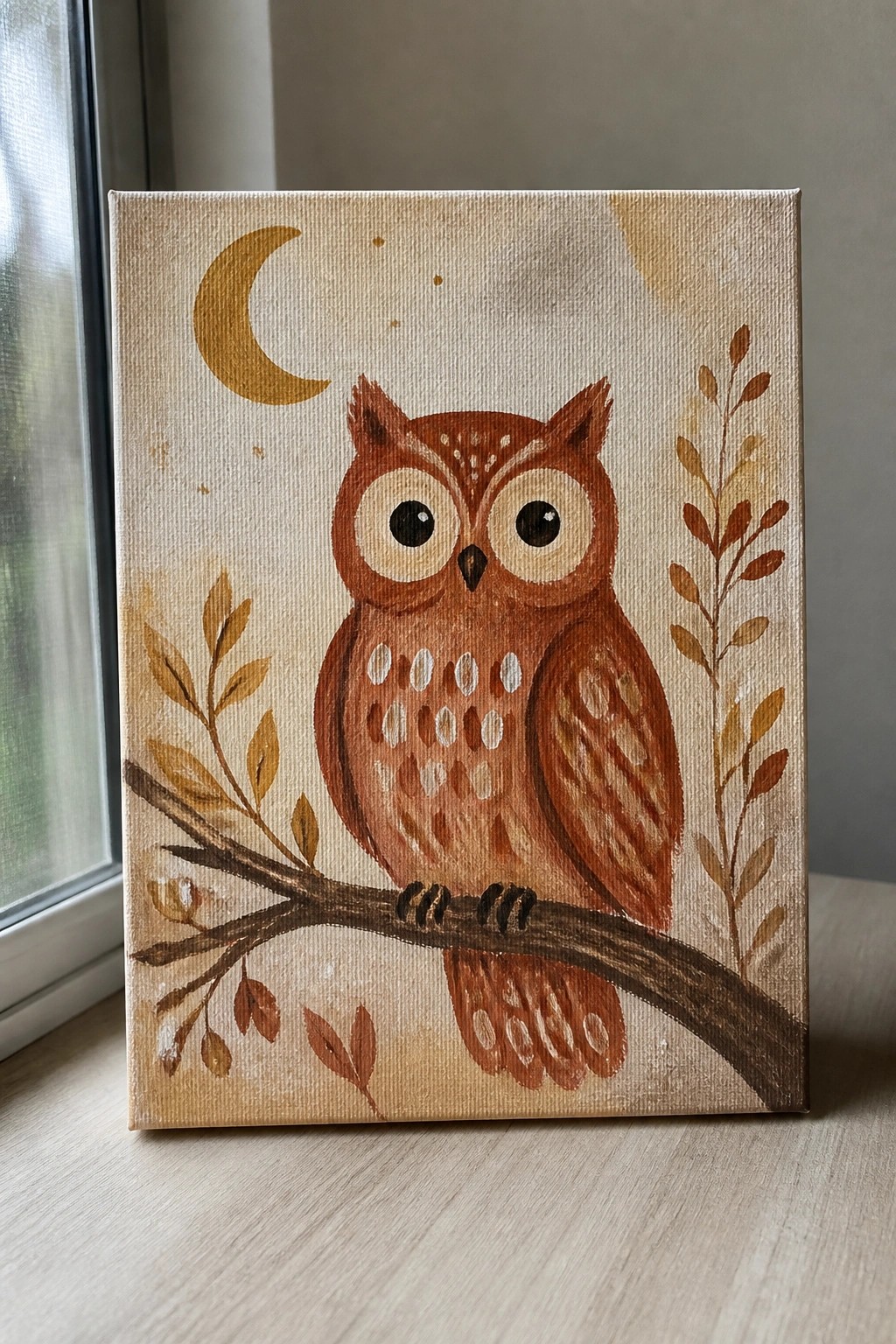 Adorable brown owl with big eyes perched on branch under golden crescent moon.