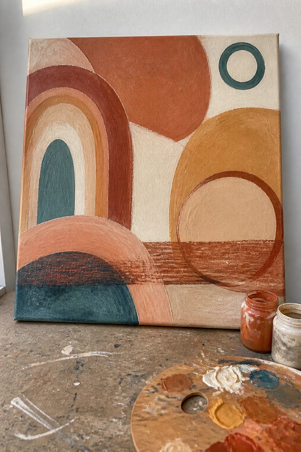 Abstract painting with arches and circles in terracotta, teal, and beige beside paint palette