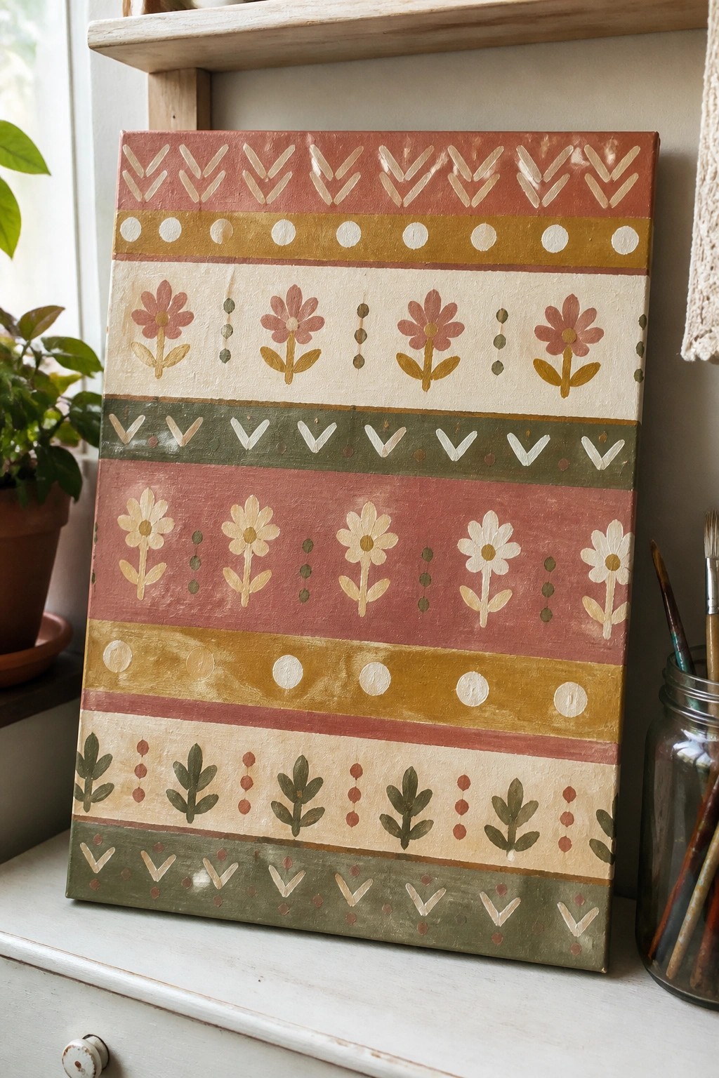 A rectangular canvas with horizontal bands in terracotta, mustard, cream, and sage green showing chevrons, dots, and simple flower motifs.