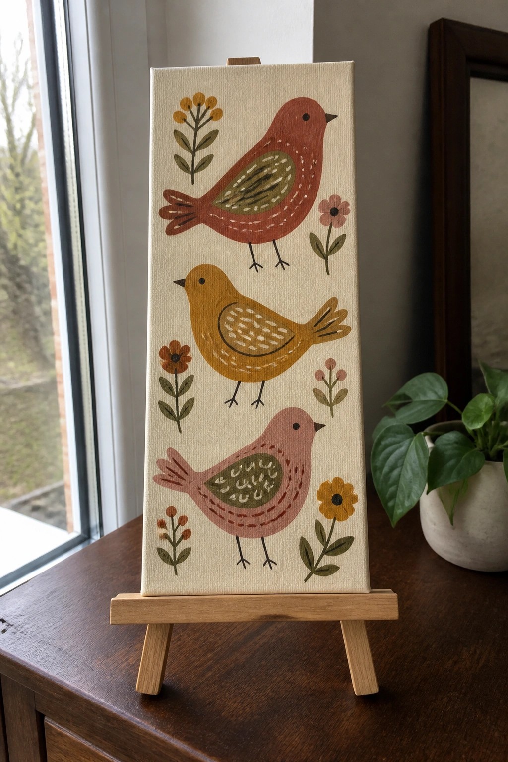 Three colorful folk-art birds with flowers on canvas atop wooden easel
