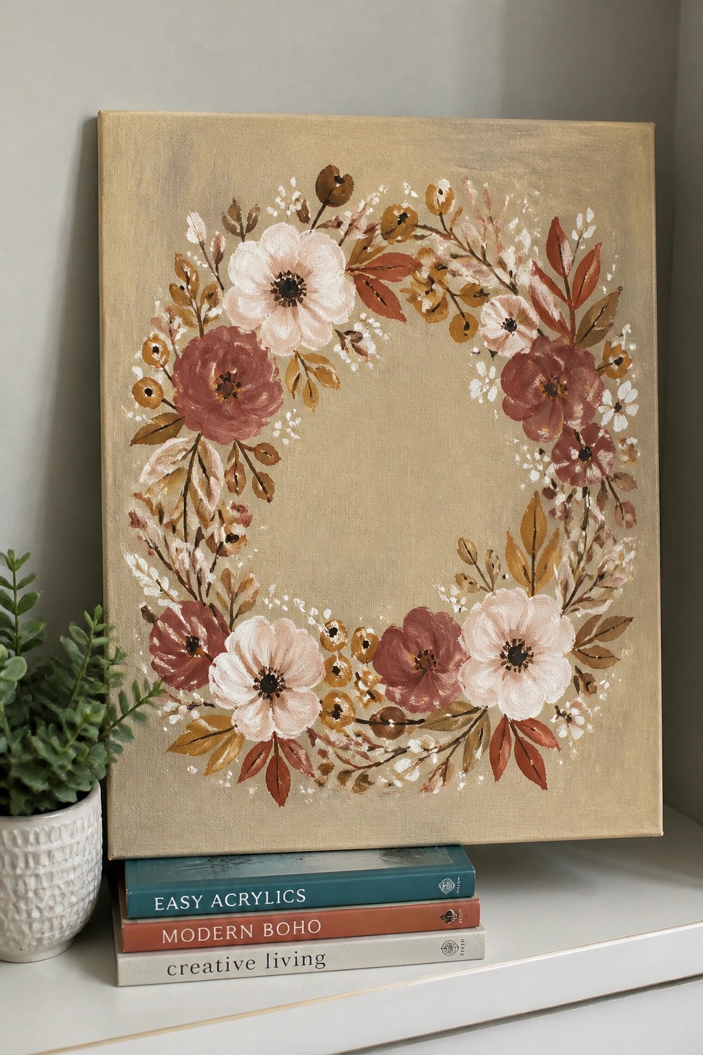 Floral wreath painting on beige canvas atop stack of books beside potted plant