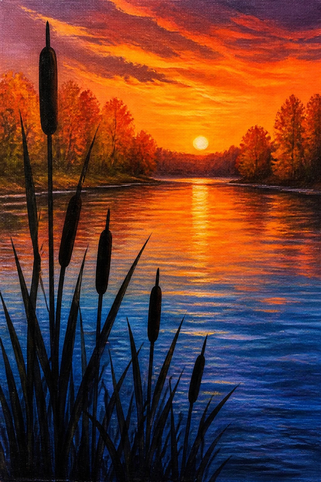 Vibrant sunset painting over river with silhouetted cattails, orange sky, and water reflections.