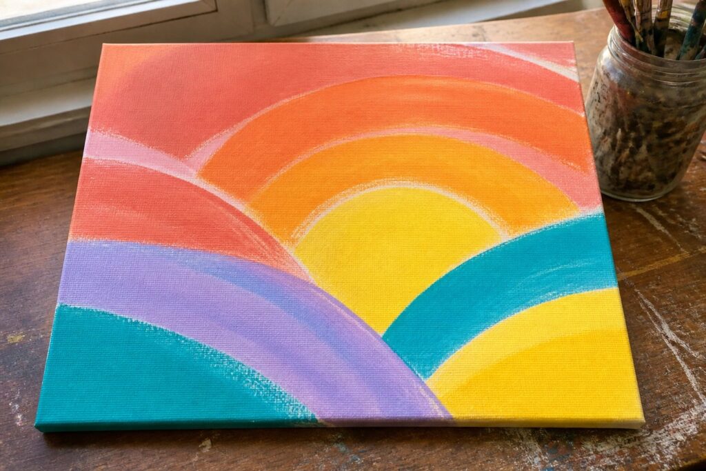 Vibrant abstract painting of yellow sun with orange-pink rays above wavy purple and teal hills
