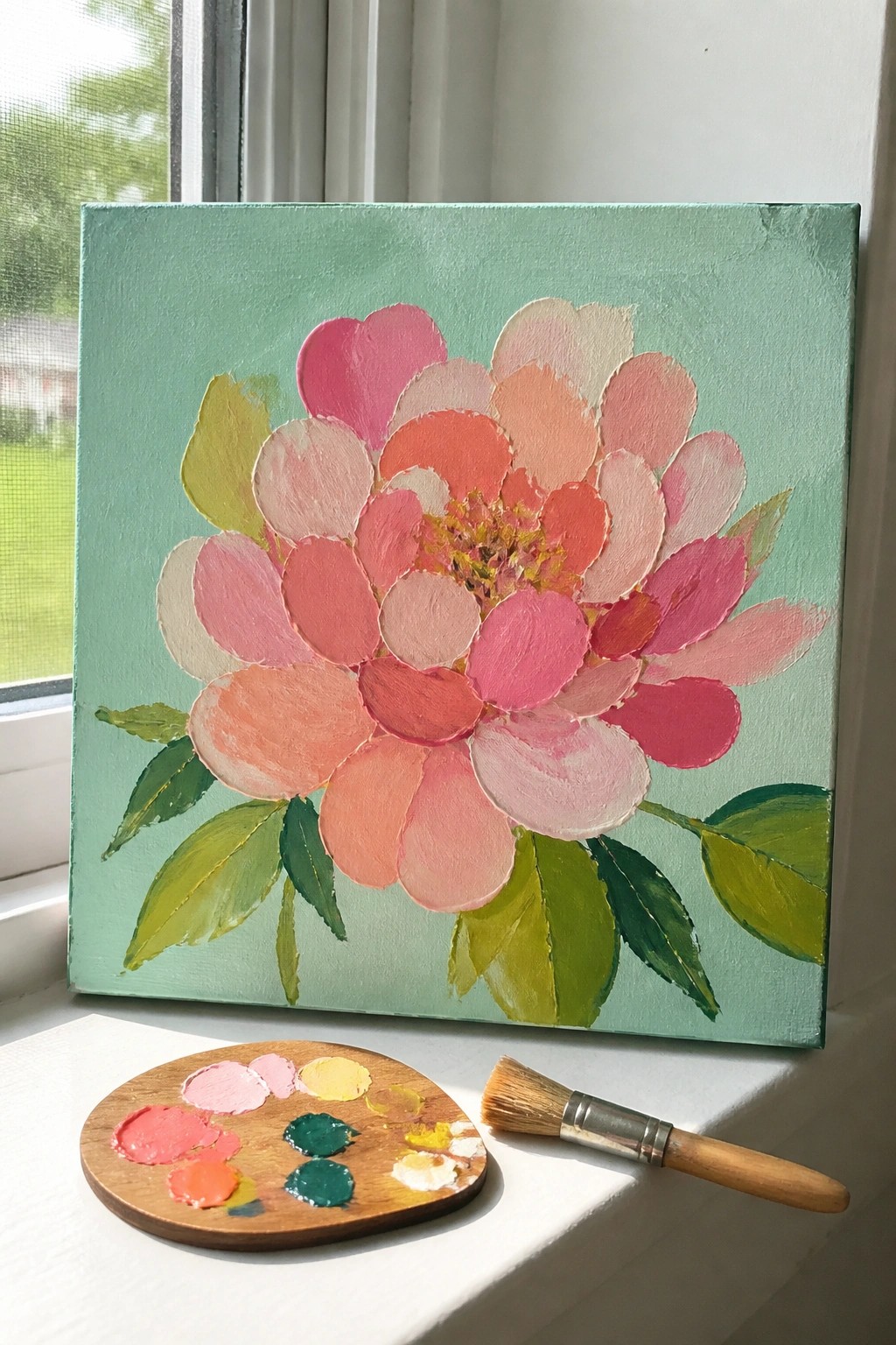 Painted pink peony flower on green canvas with palette and brush on windowsill