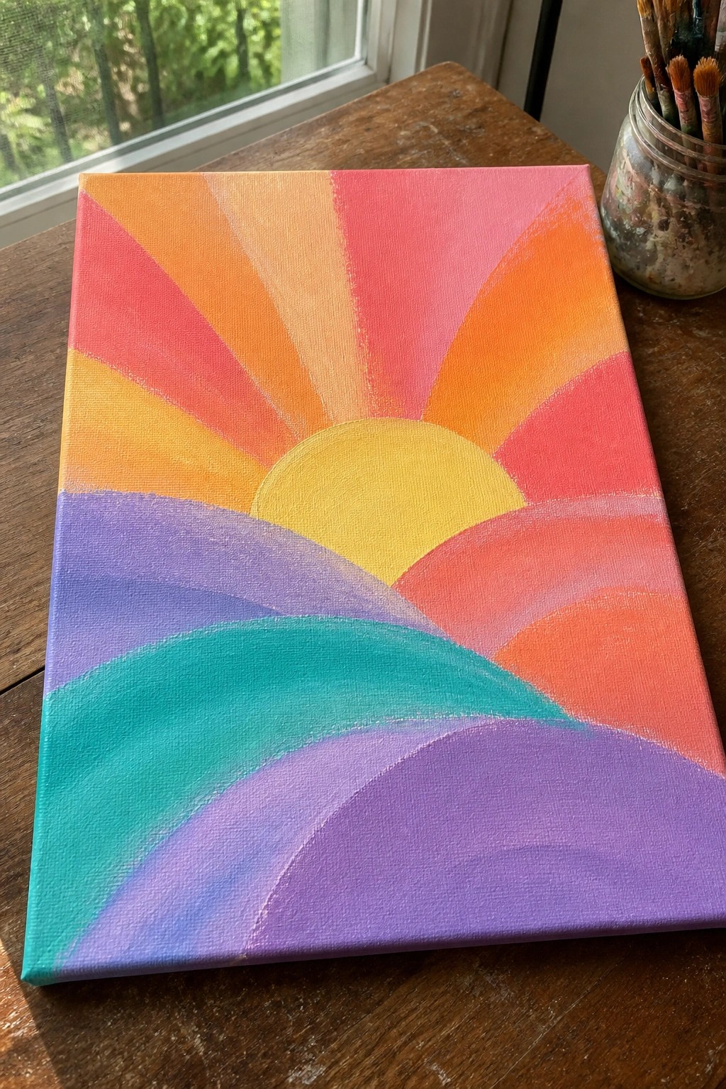 Vibrant abstract painting of yellow sun with orange-pink rays above wavy purple and teal hills