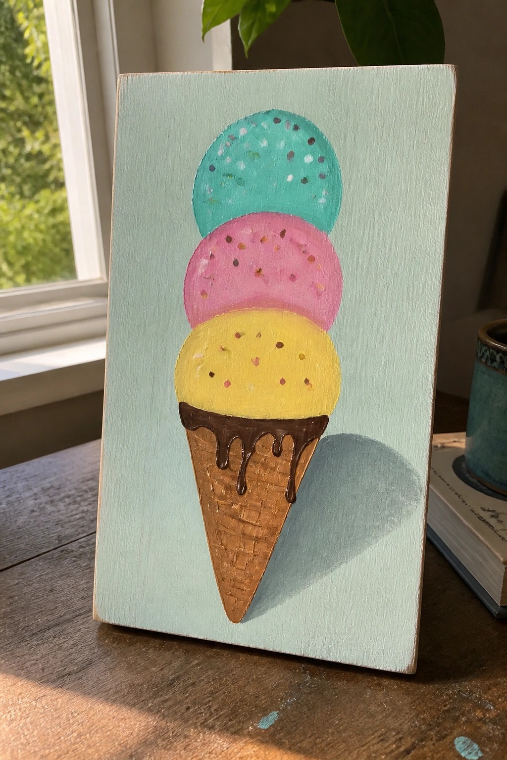 Three-scoop ice cream cone painting with yellow, pink, and turquoise scoops.