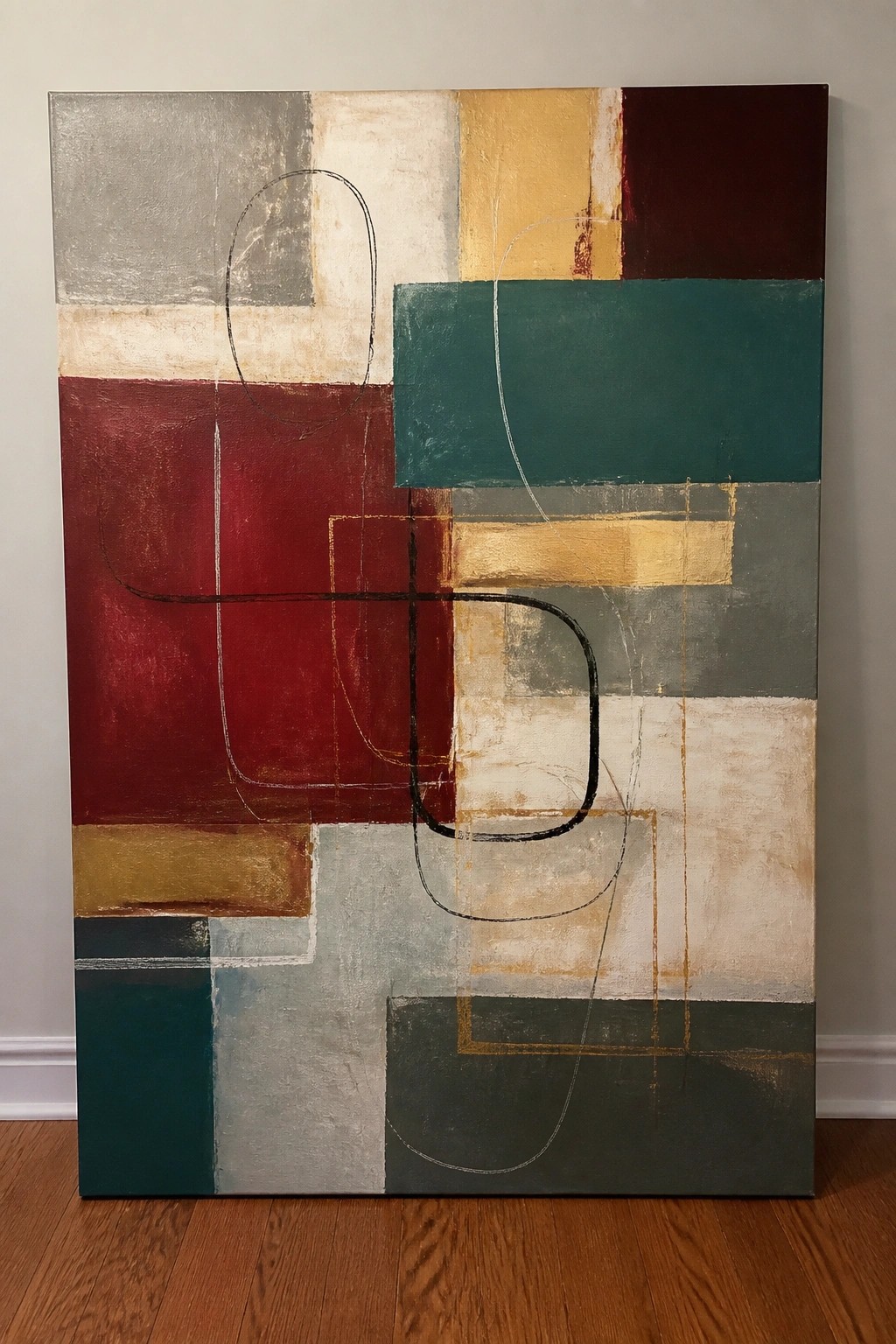 Abstract painting with red, teal, gray, and gold rectangles plus black curved lines.