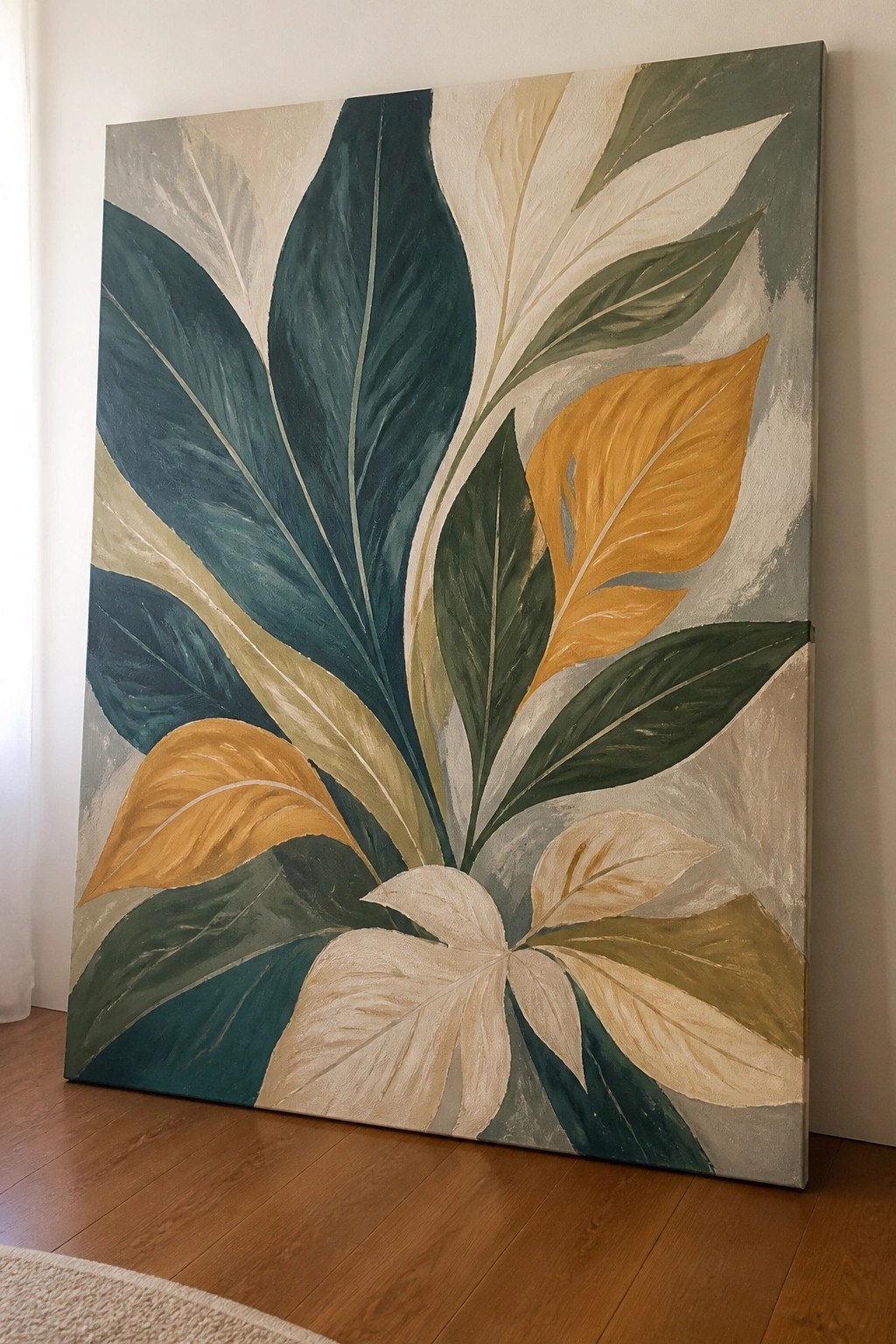 Large abstract leaf painting in teal, mustard, and beige leaning on wooden floor