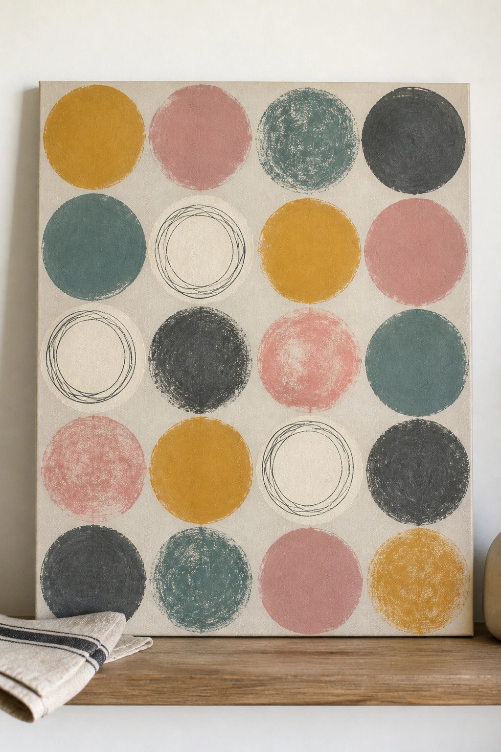 Abstract canvas with grid of textured colorful circles on wooden shelf beside cloth