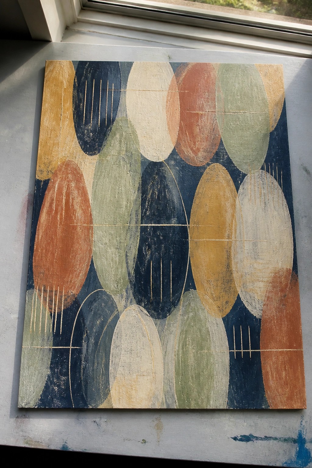 Abstract painting with overlapping ovals in navy, rust, mustard and sage with gold lines