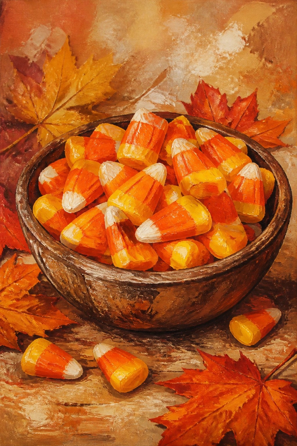Wooden bowl of candy corn amid red and orange autumn maple leaves on wood