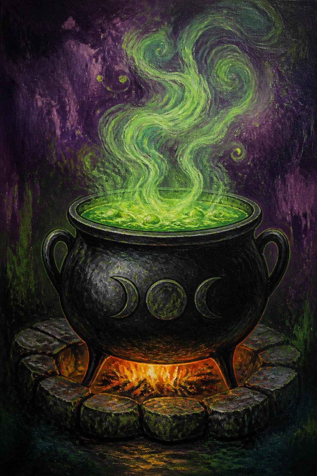 An acrylic painting of a black cauldron with green bubbling potion and swirling smoke over a fire with moon symbols on the cauldron.