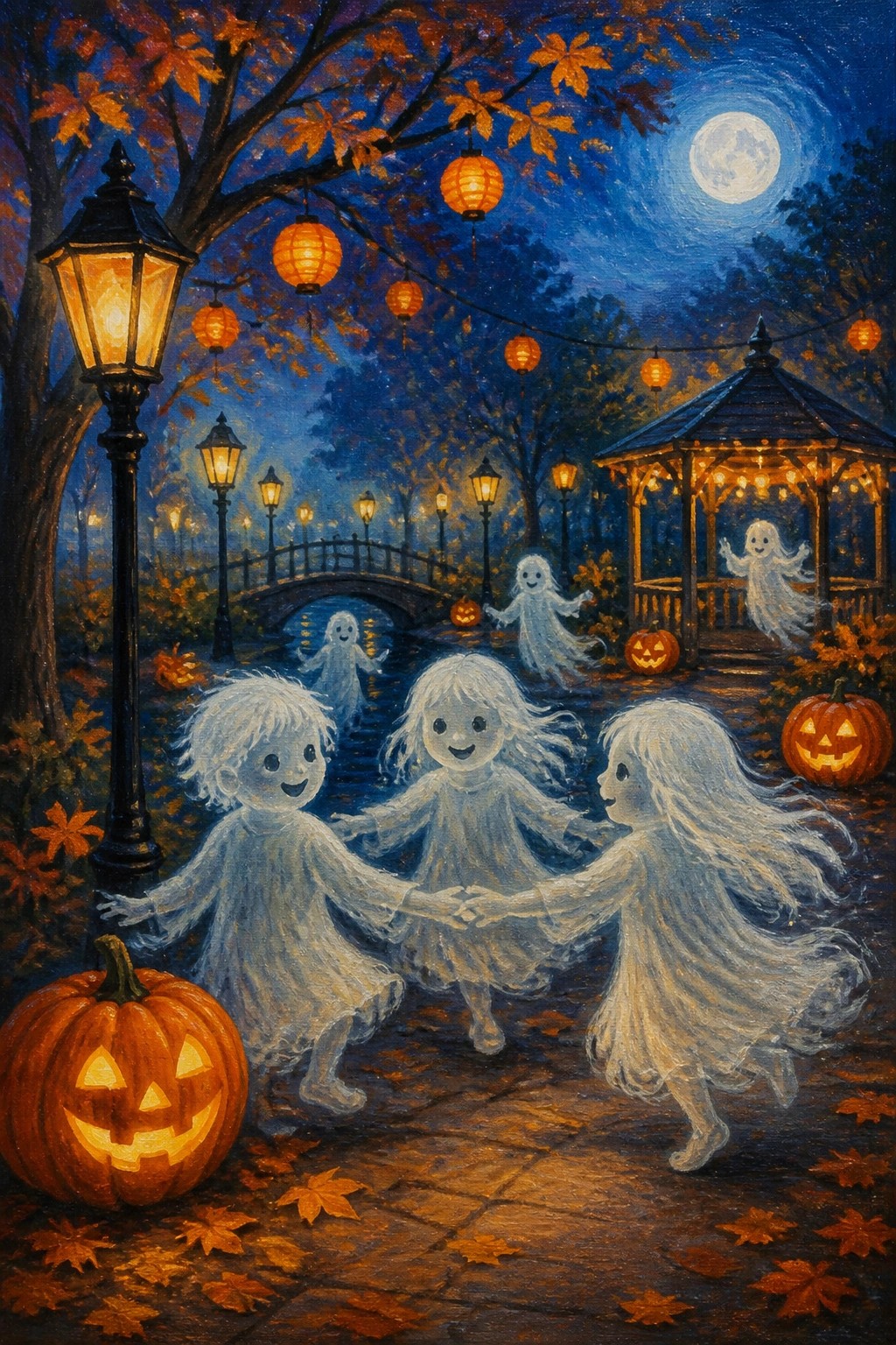 Ghost children dancing hand-in-hand among pumpkins, lanterns, and autumn leaves under a full moon.