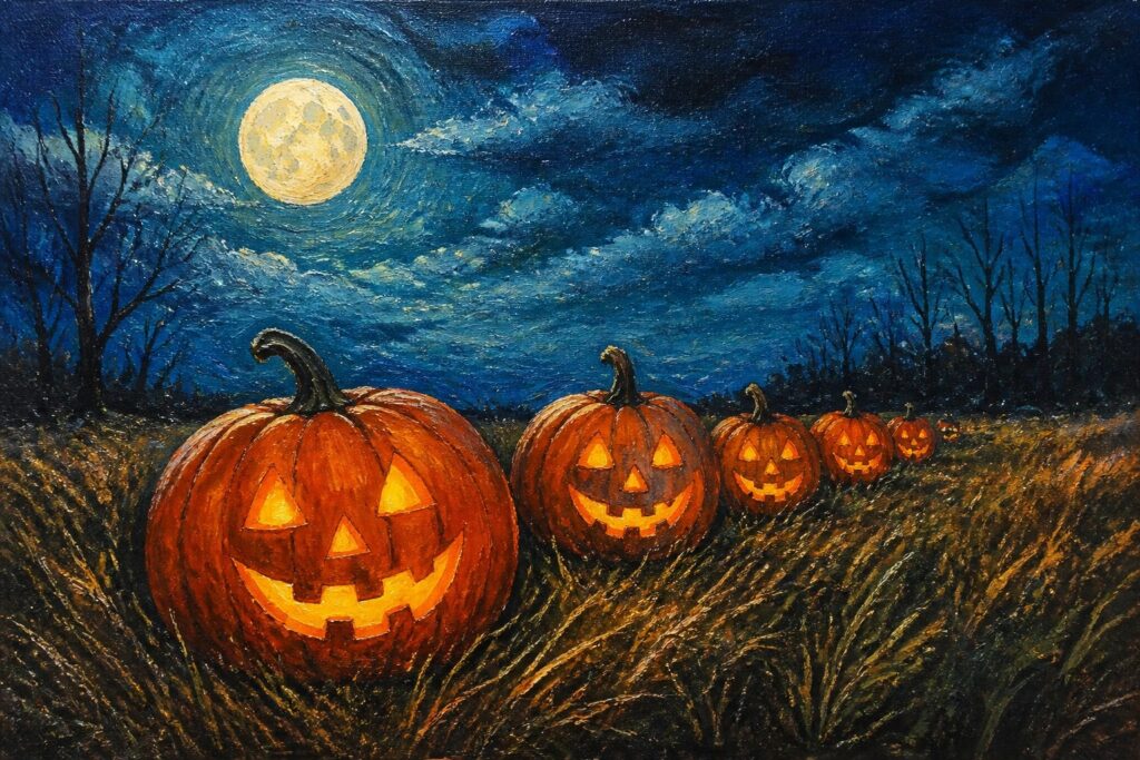 25 Festive Acrylic Halloween Painting Ideas for October Canvas Projects Glowing jack-o'-lanterns lined across a moonlit grassy field at night