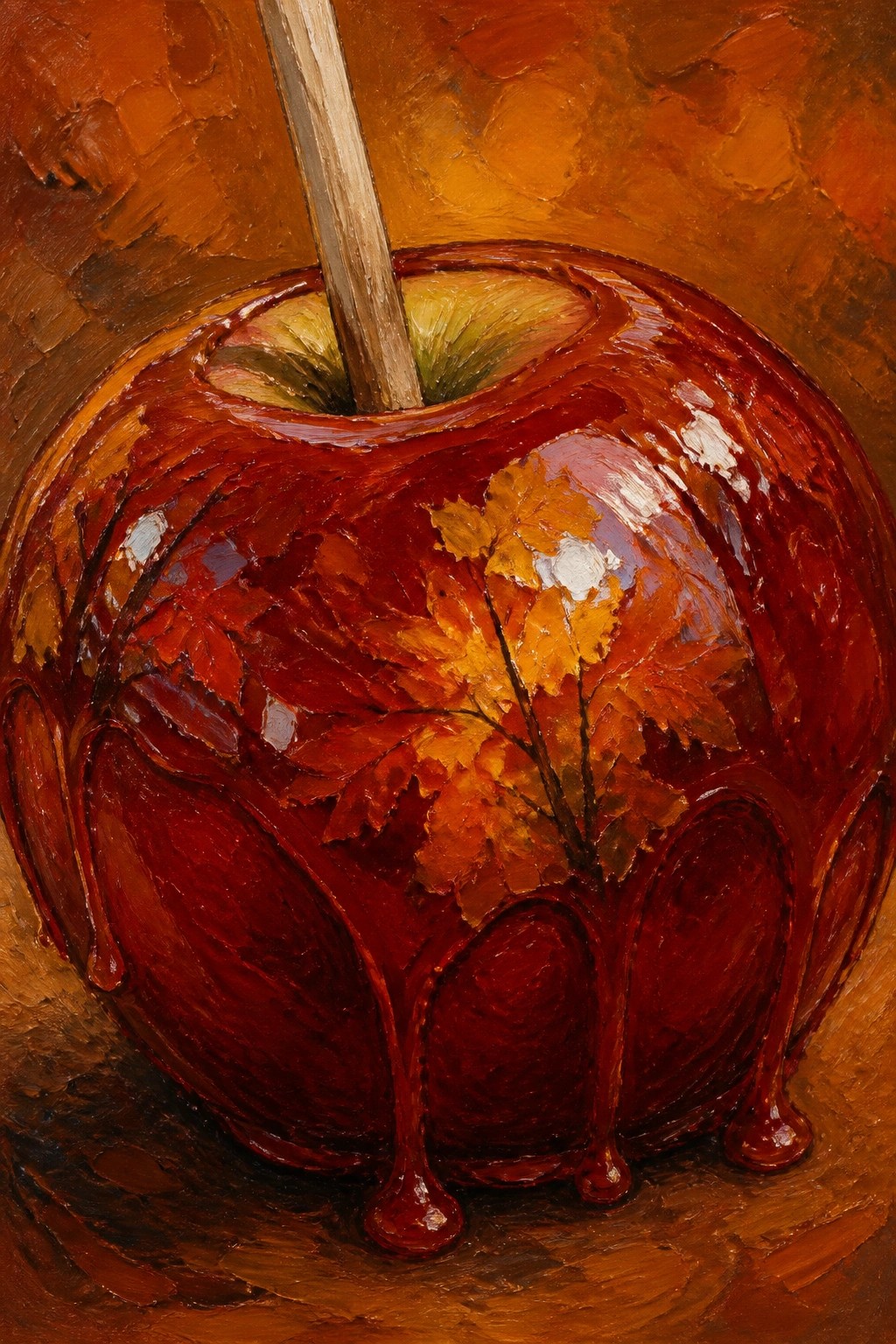 Glossy red caramel apple on stick with dripping coating and autumn leaf reflections.