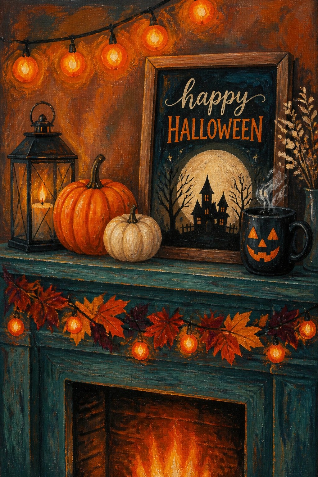 Cozy Halloween mantel with pumpkins, lantern, framed sign, jack-o'-lantern mug, and autumn leaves