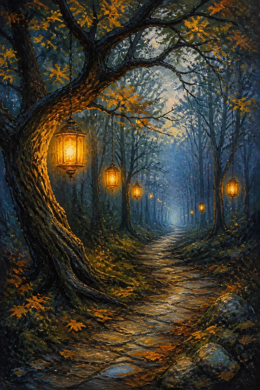 Hanging lanterns light a winding stone path through misty autumn woods at dusk