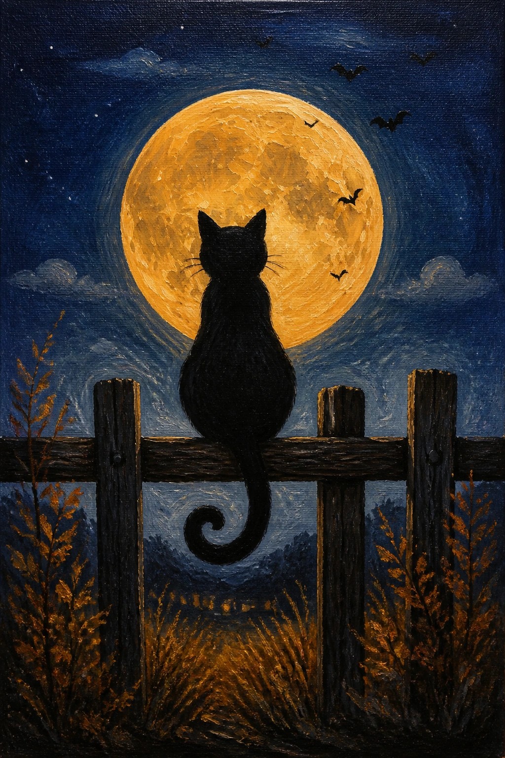 Black cat on wooden fence under large full moon with bats in night sky