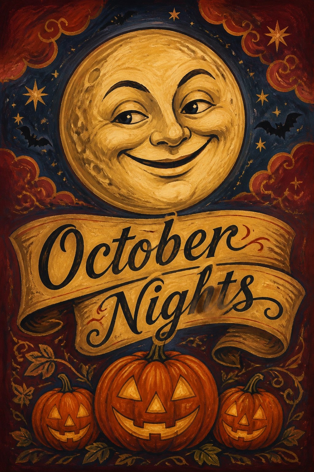 A colorful acrylic painting of a smiling full moon above a golden banner reading
