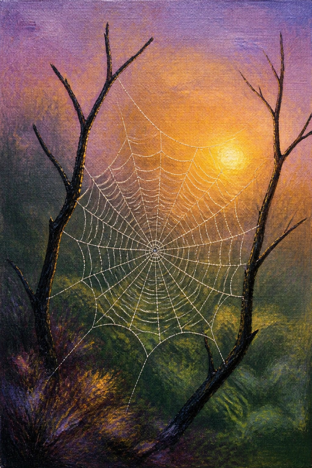An acrylic painting of a spider web between two bare tree branches in front of a glowing orange sun and purple sky over dark green ground.