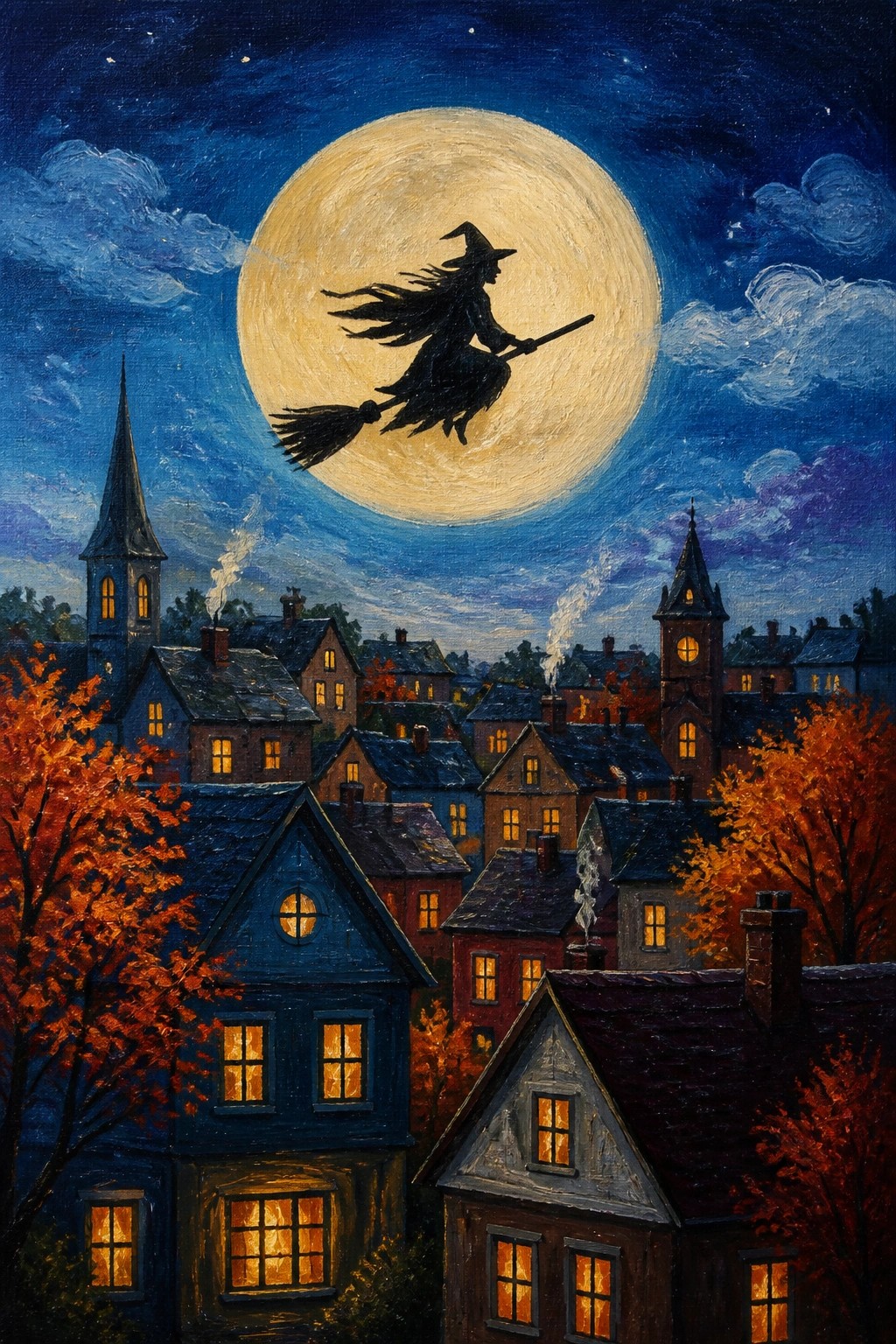 Silhouetted witch on broomstick before glowing full moon over autumn village at night