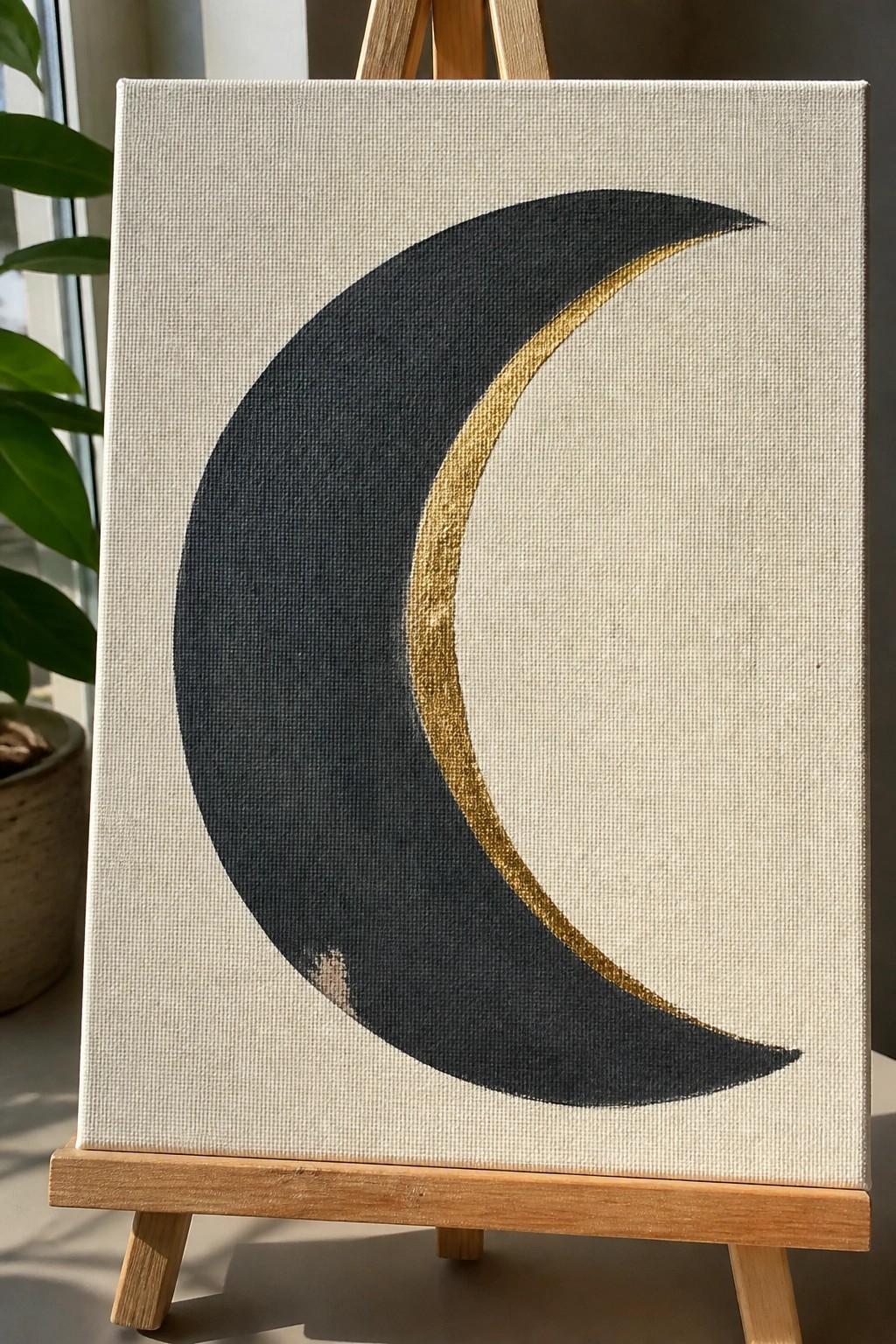 Crescent moon painting in black and gold on canvas easel