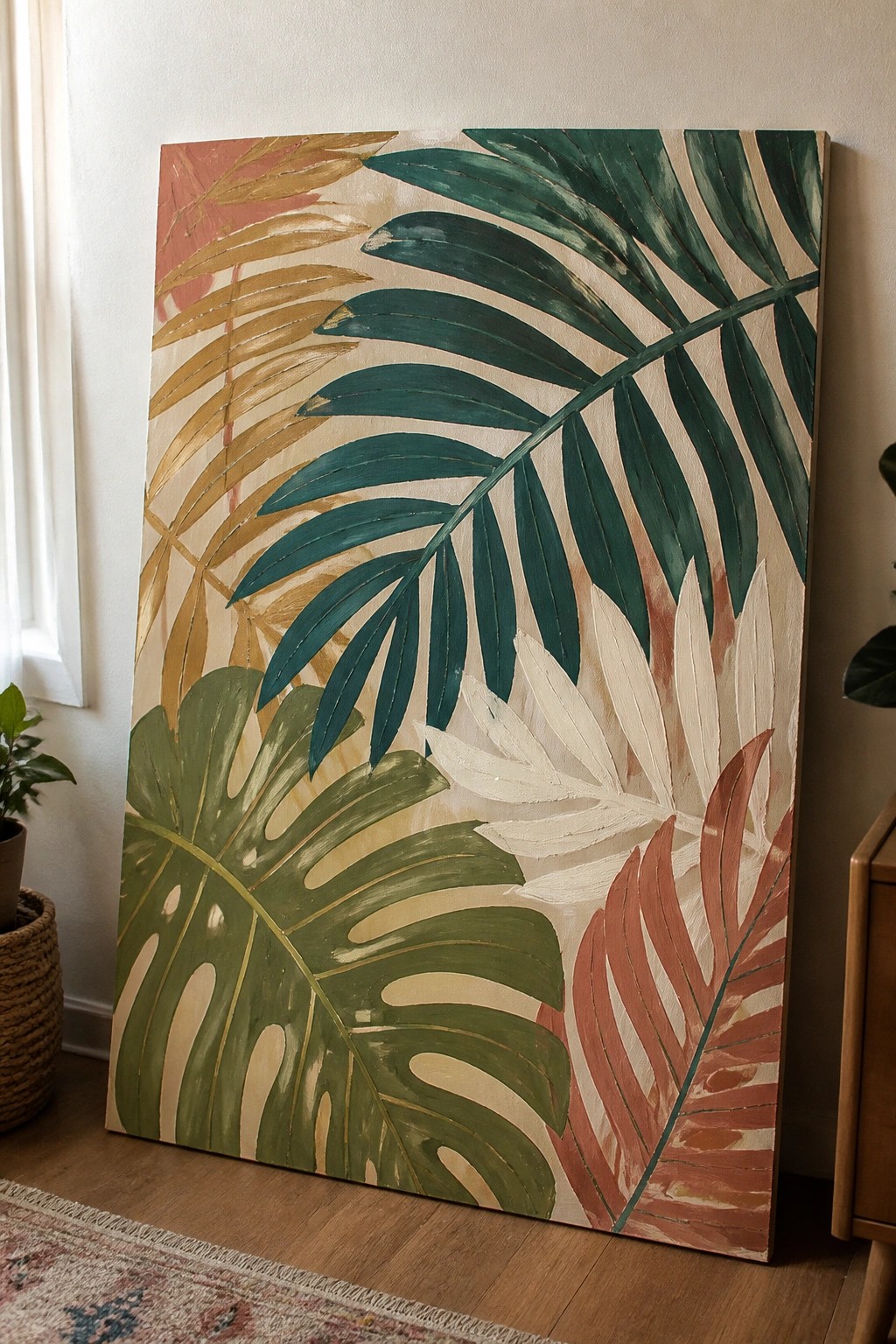 Large canvas with vibrant tropical leaves in green, gold, and terracotta tones