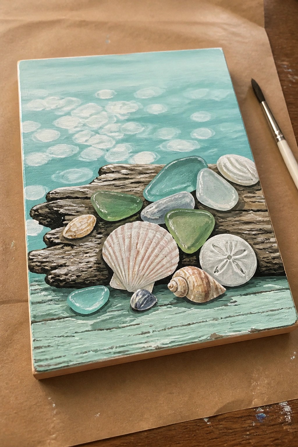 Painting of seashells, sea glass, and driftwood on turquoise bubble background.