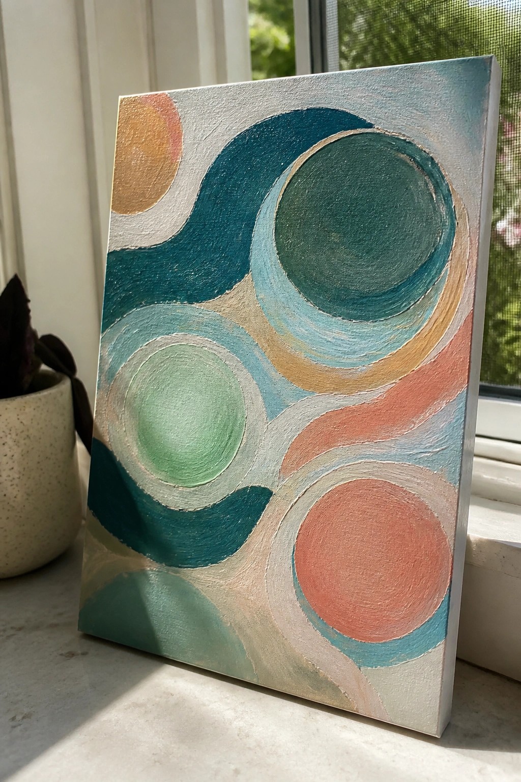 Abstract painting with teal circles, wavy lines, and coral orange curves on canvas by window