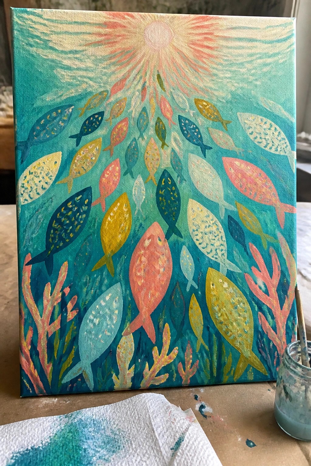 Colorful fish swim toward a glowing sun in a vibrant teal underwater painting on canvas.