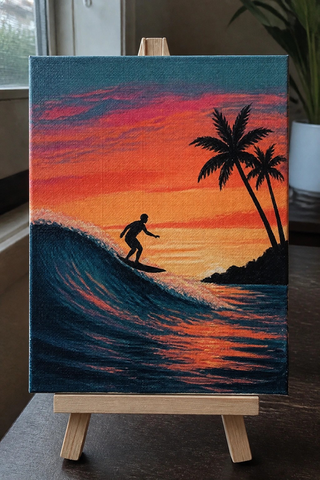 Canvas on easel showing silhouetted surfer on wave at vibrant orange-red sunset with palms