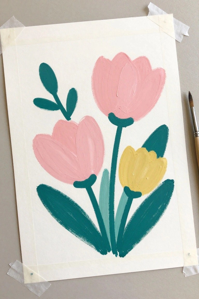 Stylized pink and yellow flowers with teal leaves painted on taped white paper beside brush.