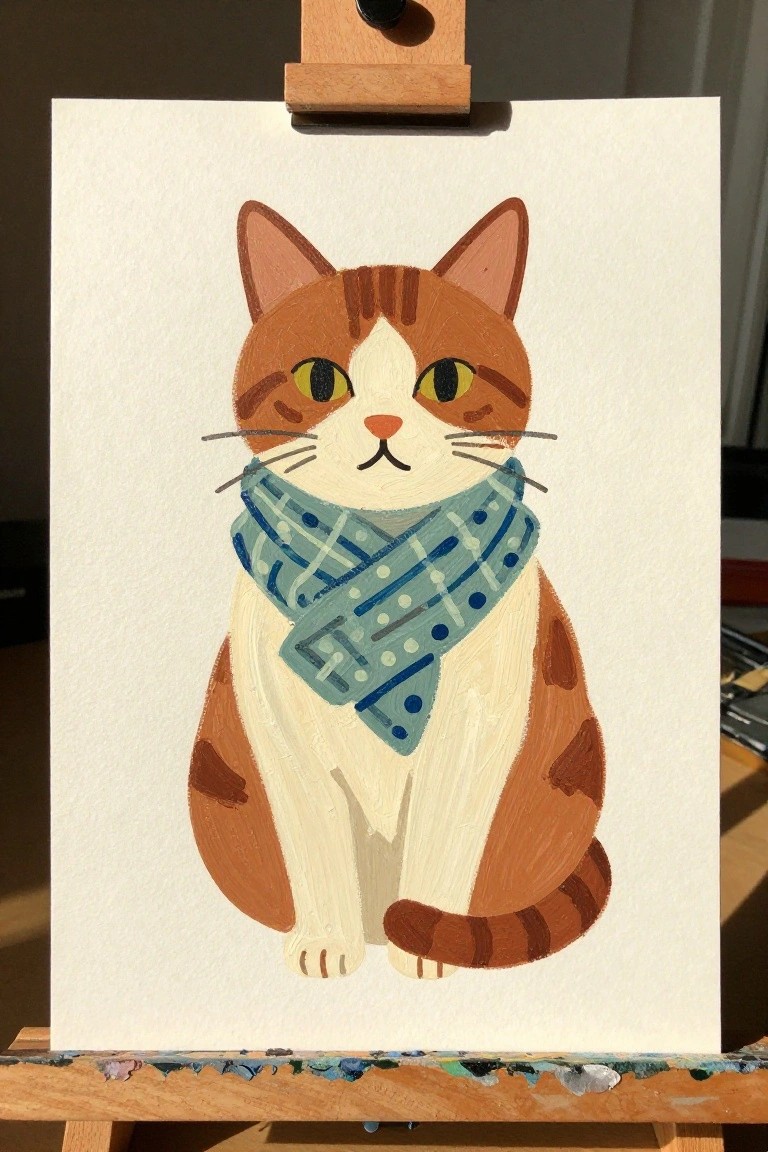 Orange tabby cat with blue patterned scarf in painting on wooden easel