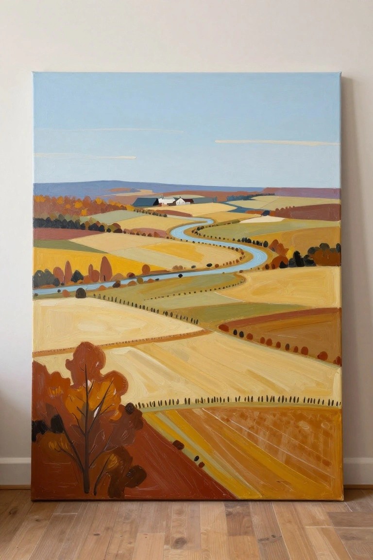 A painting of autumn fields with a winding blue river, colorful trees, and distant white buildings under a clear sky.