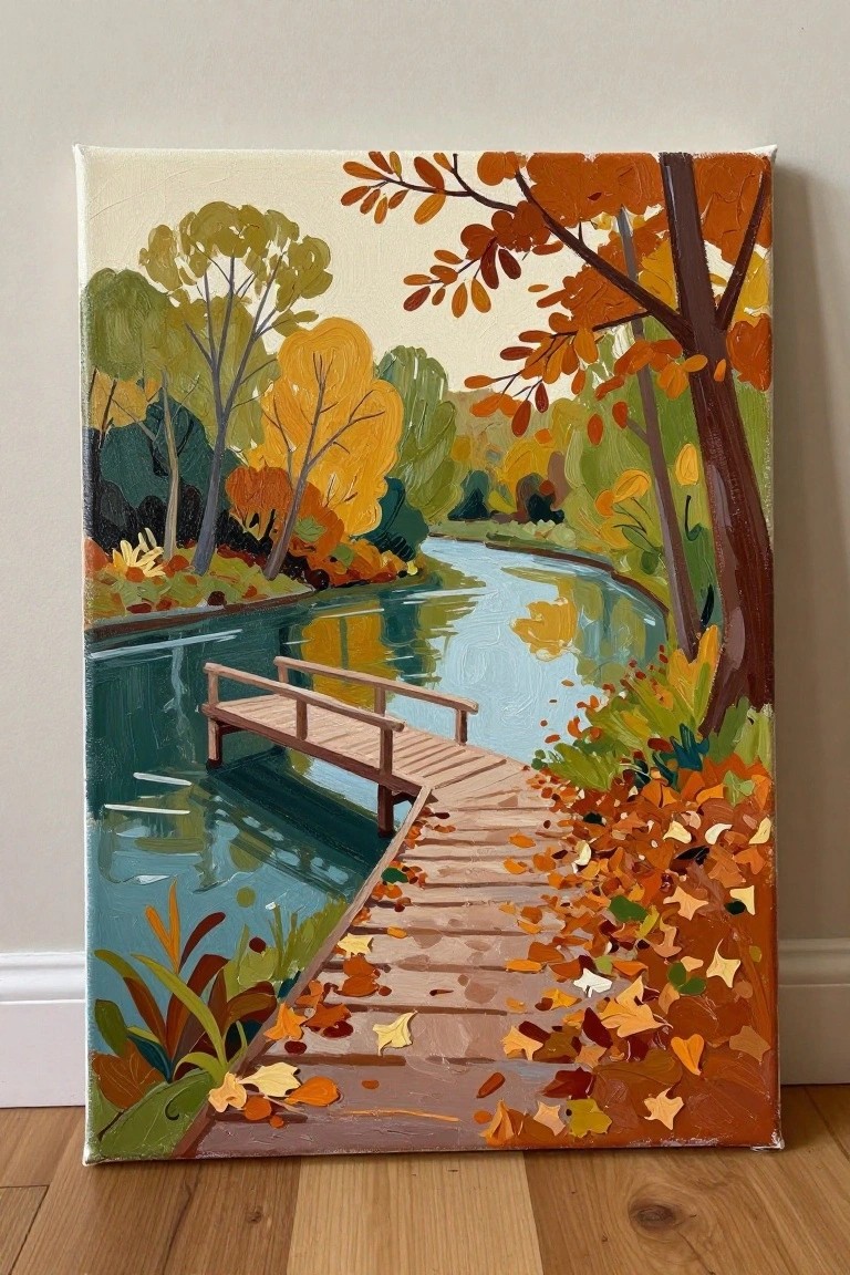 An acrylic painting of a wooden dock extending over a river with autumn trees and colorful fallen leaves scattered on the planks.