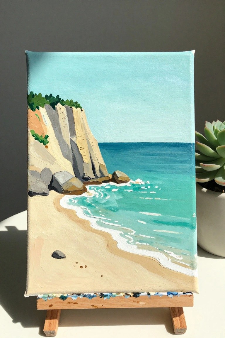 Painting of cliffs, sandy beach, and turquoise waves on easel with succulent.