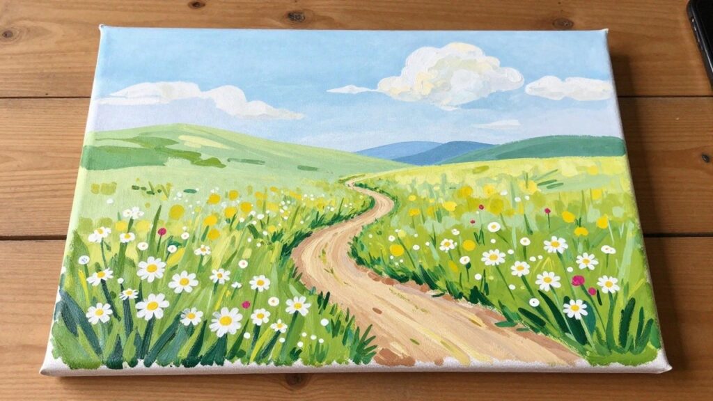 Vibrant painting of winding path through wildflower meadows and rolling green hills