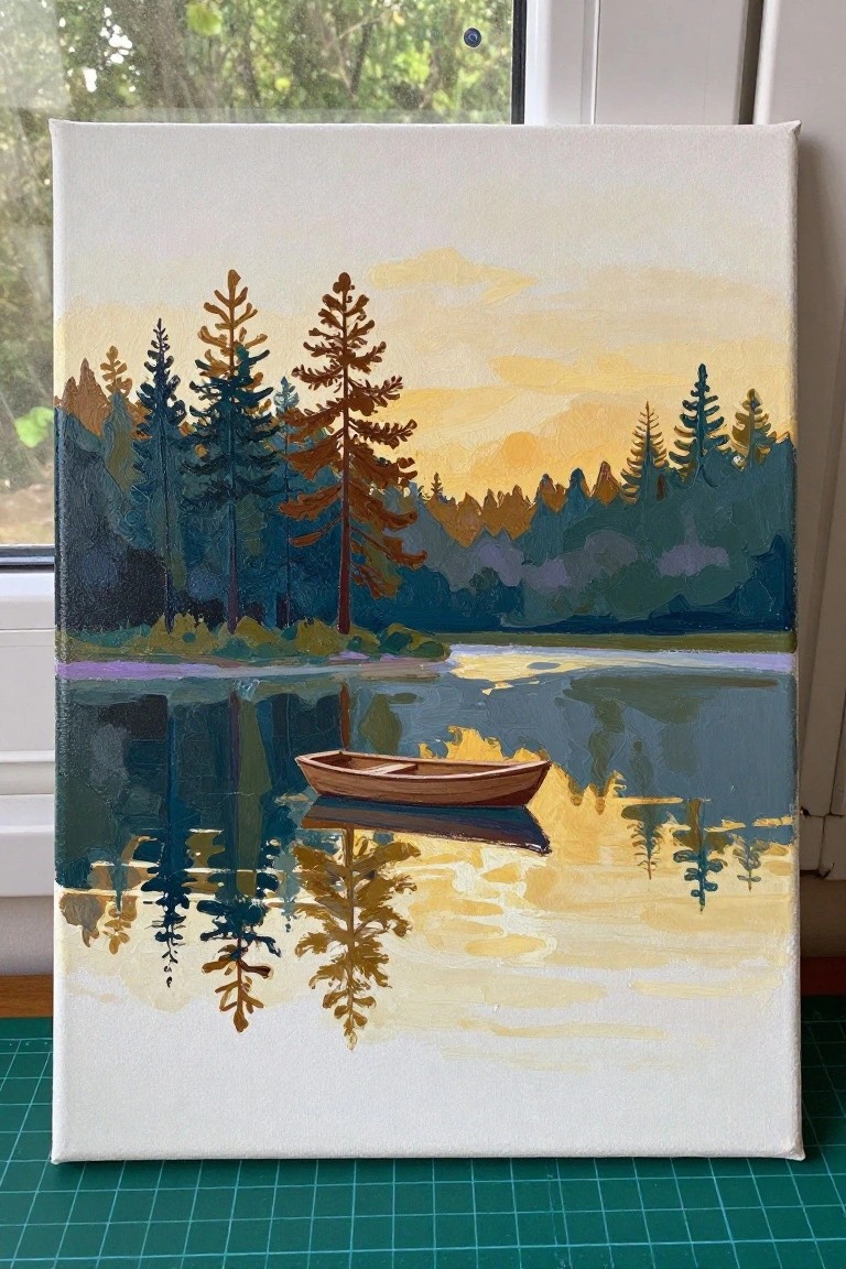 Impressionistic painting of wooden boat on reflective lake with pine trees at sunset.