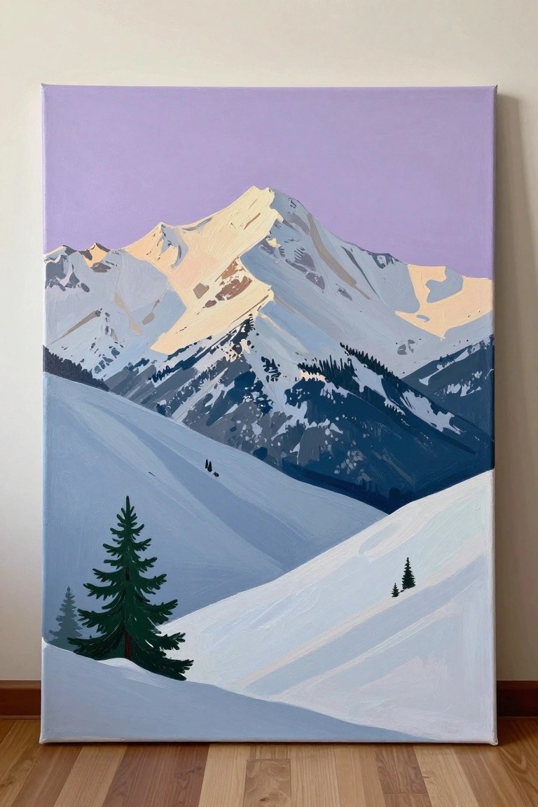 Stylized painting of snow-covered mountains with pine trees under a soft purple sky