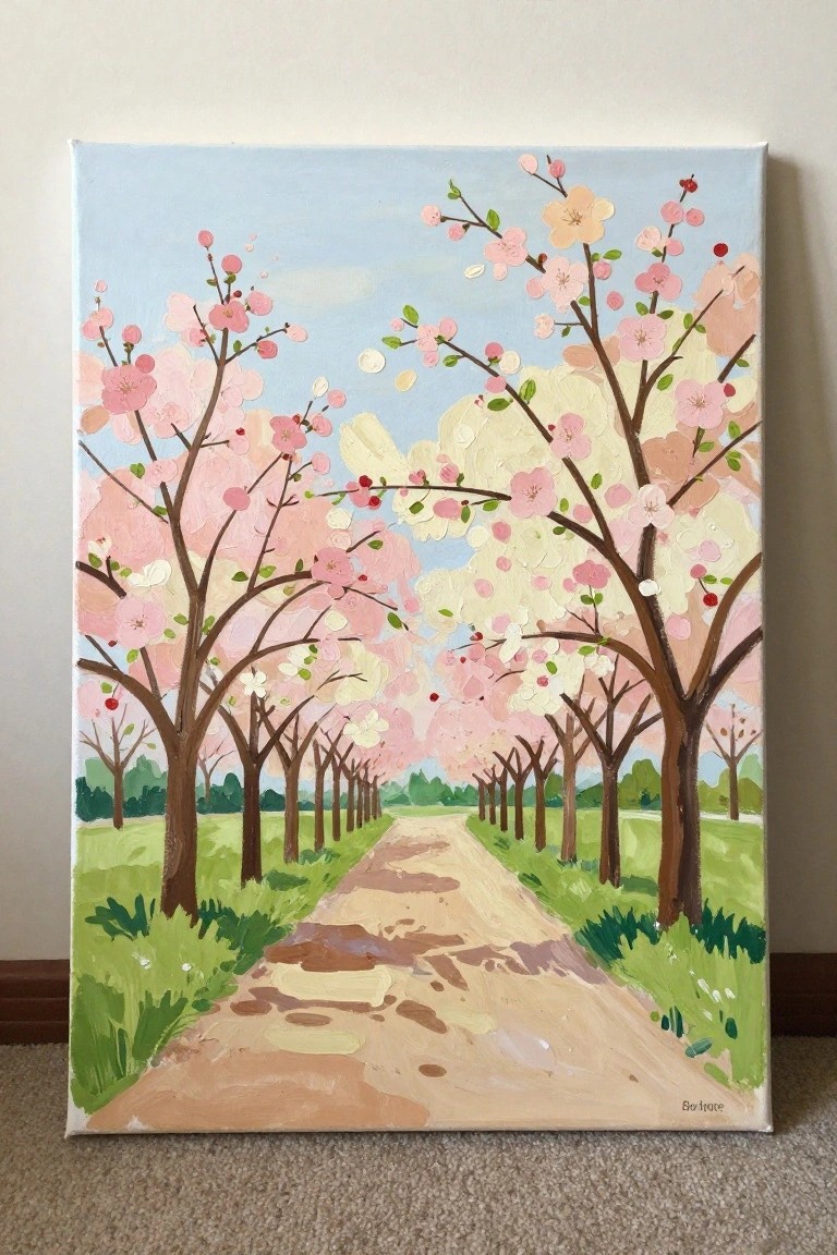 Vibrant painting of pink cherry blossoms lining a winding dirt path under blue sky