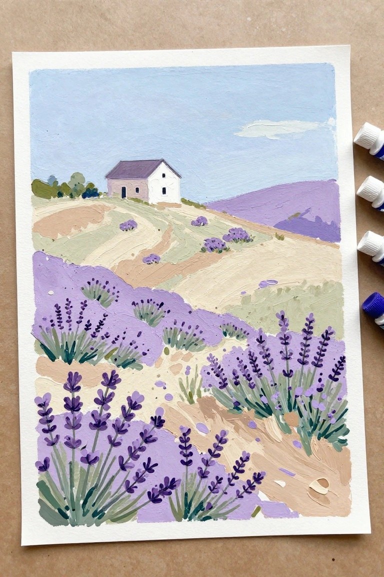 Colorful painting of purple lavender fields, rolling hills, white house, and blue sky