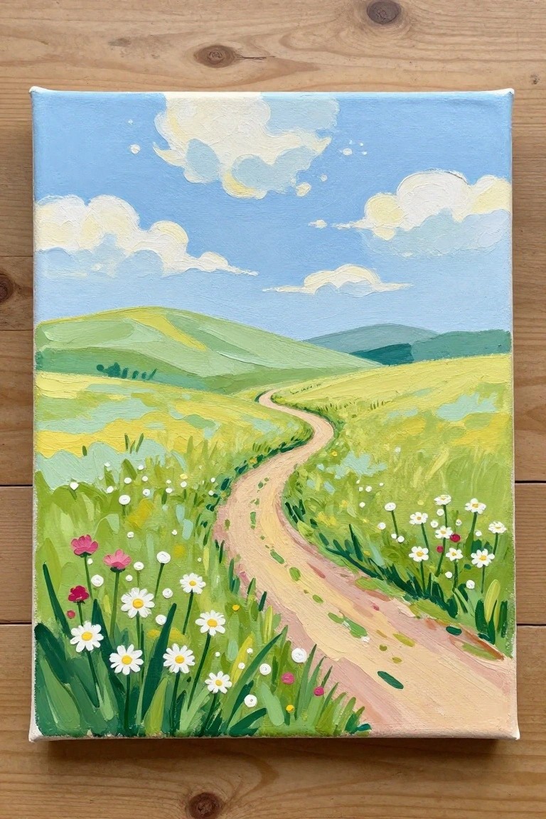 Vibrant painting of winding path through wildflower meadows and rolling green hills