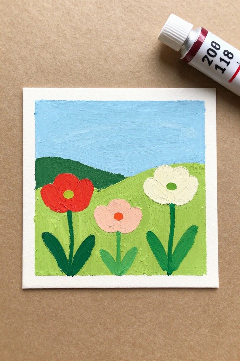 Small painting of red, pink, and white flowers in green field with paint tube
